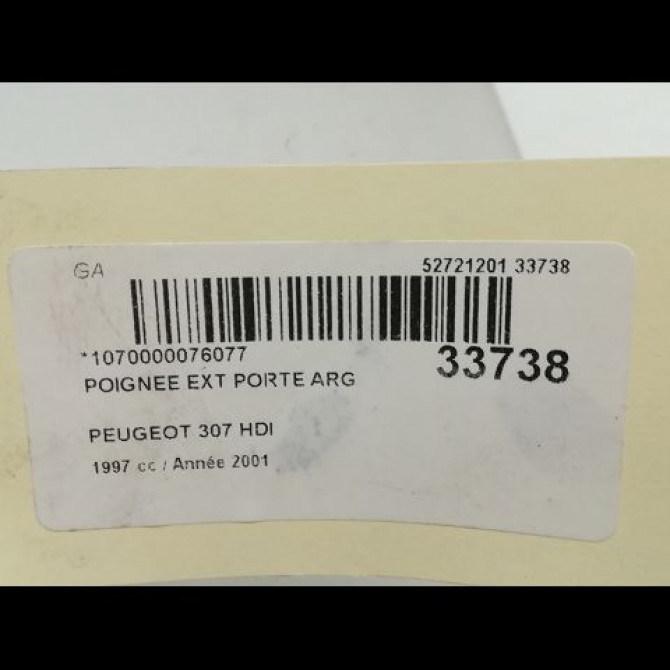 Poignee ext porte arg occasion PEUGEOT 307 Phase 1 04-2001->06-2005 2.0 HDI 110ch 3