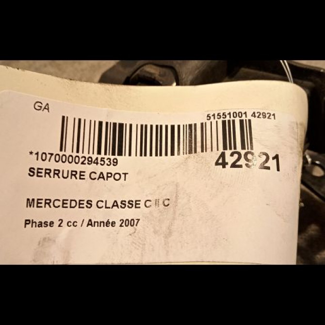 Serrure capot occasion MERCEDES CLASSE C II Phase 2 03-2004->06-2007 C 200 CDi 2198800160 3