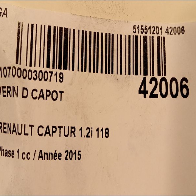 Verin d capot occasion RENAULT CAPTUR Phase 1 02-2013->... 1.2i 118 16V 654709991R 2