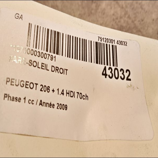 Pare-soleil droit occasion PEUGEOT 206 + Phase 1 03-2009->05-2013 1.4 HDI 70ch 816314 3