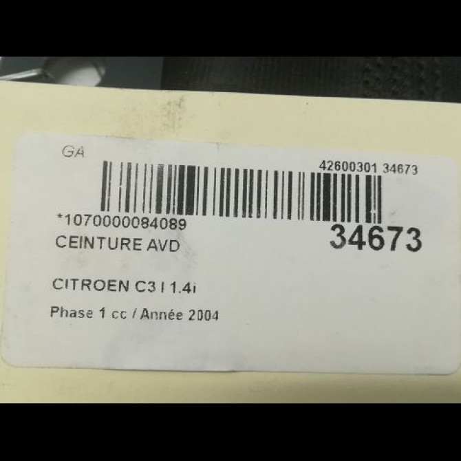 Ceinture avant droite occasion CITROEN C3 I Phase 1 04-2002->10-2005 1.4i 8973SL 4
