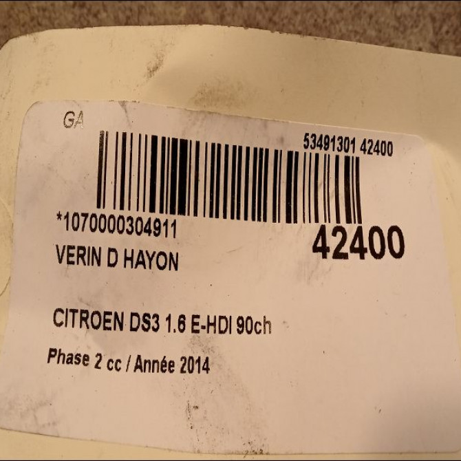 Verin droit hayon occasion CITROEN DS3 Phase 1 04-1995->04-1999 1.6 E-HDI 90ch 2