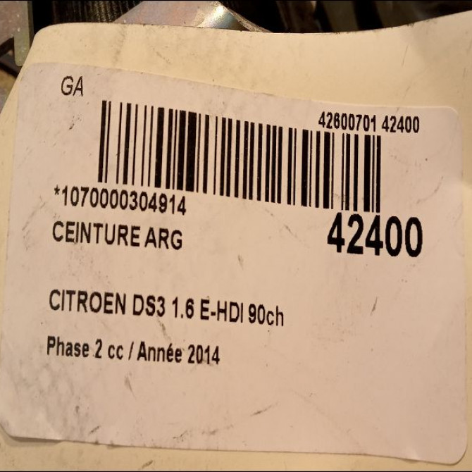 Ceinture arrière gauche occasion CITROEN DS3 Phase 1 04-1995->04-1999 1.6 E-HDI 90ch 3