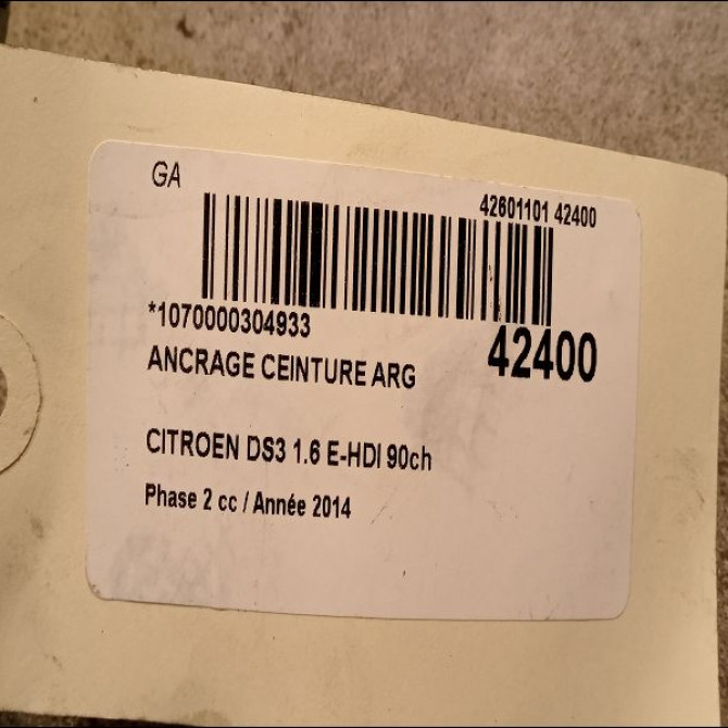 Ancrage ceinture arrière gauche occasion CITROEN DS3 Phase 1 04-1995->04-1999 1.6 E-HDI 90ch 2