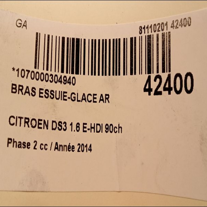 Bras essuie-glace arrière occasion CITROEN DS3 Phase 1 04-1995->04-1999 1.6 E-HDI 90ch 2