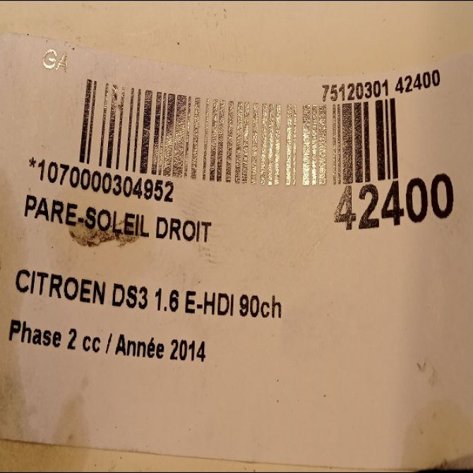 Pare-soleil droit occasion CITROEN DS3 Phase 1 04-1995->04-1999 1.6 E-HDI 90ch 3