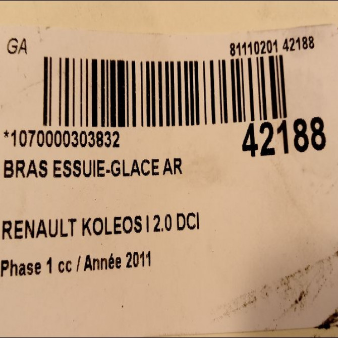 Bras essuie-glace arrière occasion RENAULT KOLEOS I Phase 1 06-2008->12-2011 2.0 DCI 16v 150ch 287804649R 2