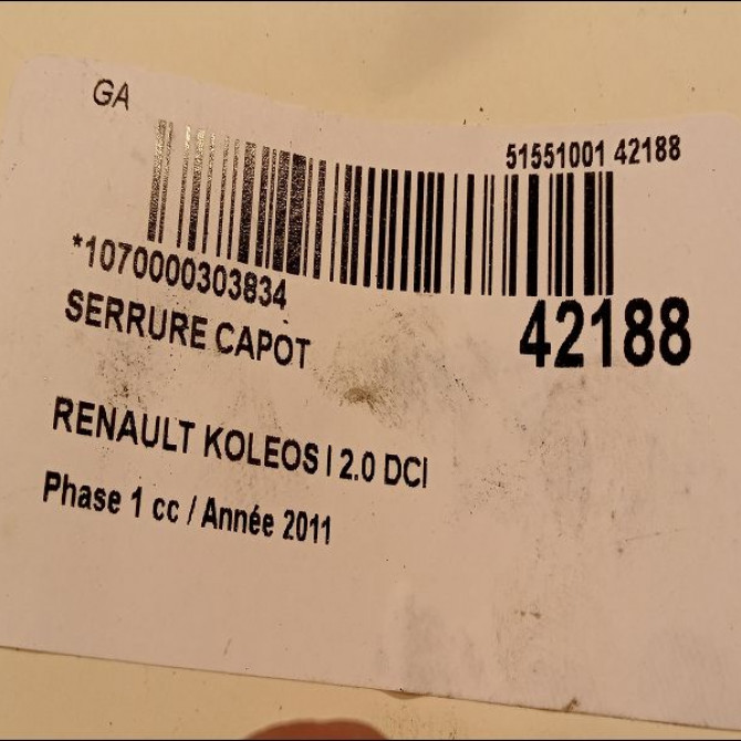 Serrure capot occasion RENAULT KOLEOS I Phase 1 06-2008->12-2011 2.0 DCI 16v 150ch 65601JY40A 3