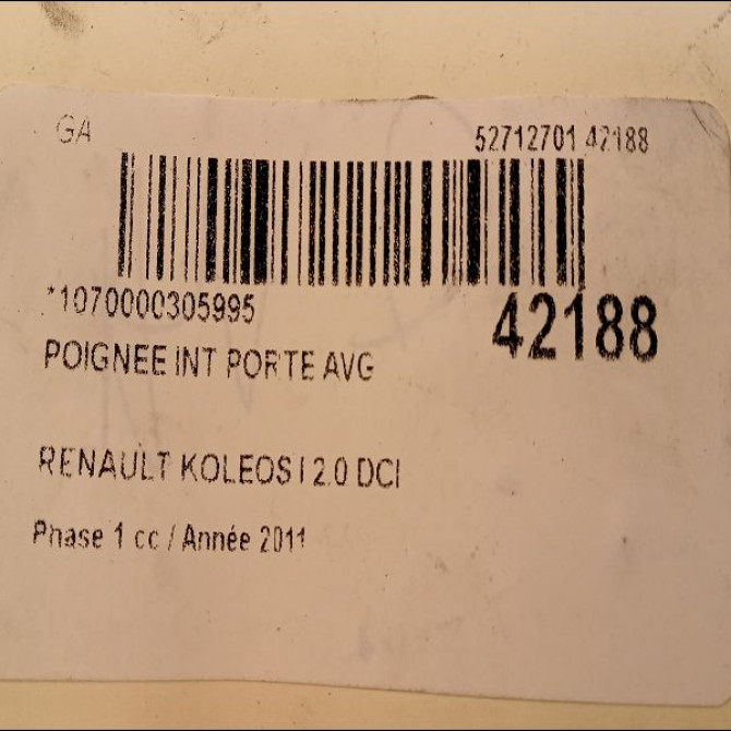 Poignee int porte avg occasion RENAULT KOLEOS I Phase 1 06-2008->12-2011 2.0 DCI 16v 150ch 80671JY10A 2