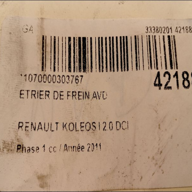 Etrier de frein avant droit occasion RENAULT KOLEOS I Phase 1 06-2008->12-2011 2.0 DCI 16v 150ch 41001JY00A 3