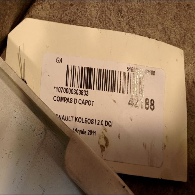 Compas d capot occasion RENAULT KOLEOS I Phase 1 06-2008->12-2011 2.0 DCI 16v 150ch 65400JY00A 2