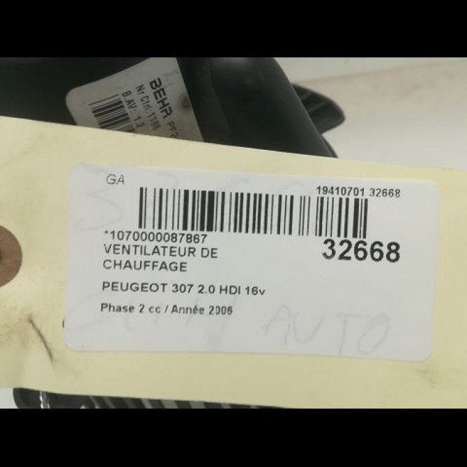 Ventilateur de chauffage occasion PEUGEOT 307 Phase 2 06-2005->03-2008 2.0 HDI 16v 136ch 6441S6 3