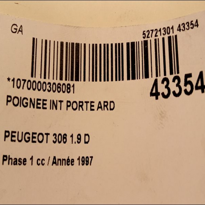 Poignee int porte ard occasion PEUGEOT 306 Phase 1 09-1994->03-1997 1.9 D 914446 3