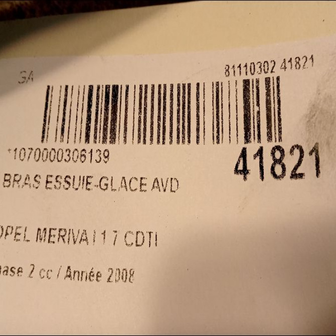Bras essuie-glace avant droit occasion OPEL MERIVA I Phase 2 01-2006->09-2010 1.7 CDTI 100ch 13139725 2