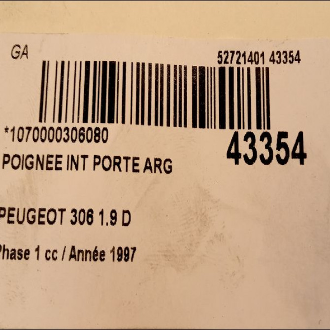 Poignee int porte arg occasion PEUGEOT 306 Phase 1 09-1994->03-1997 1.9 D 914371 3