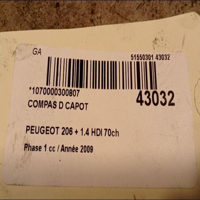 Compas d capot occasion PEUGEOT 206 + Phase 1 03-2009->05-2013 1.4 HDI 70ch 791332 2
