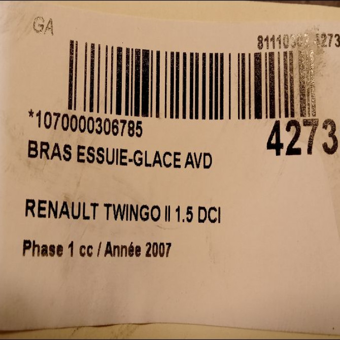 Bras essuie-glace avant droit occasion RENAULT TWINGO II Phase 1 06-2007->11-2011 1.5 DCI 65ch 288818509R 2