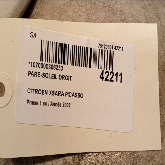 Pare-soleil droit occasion CITROEN XSARA PICASSO Phase 1 12-1999->02-2004 2.0 HDi 90ch 3