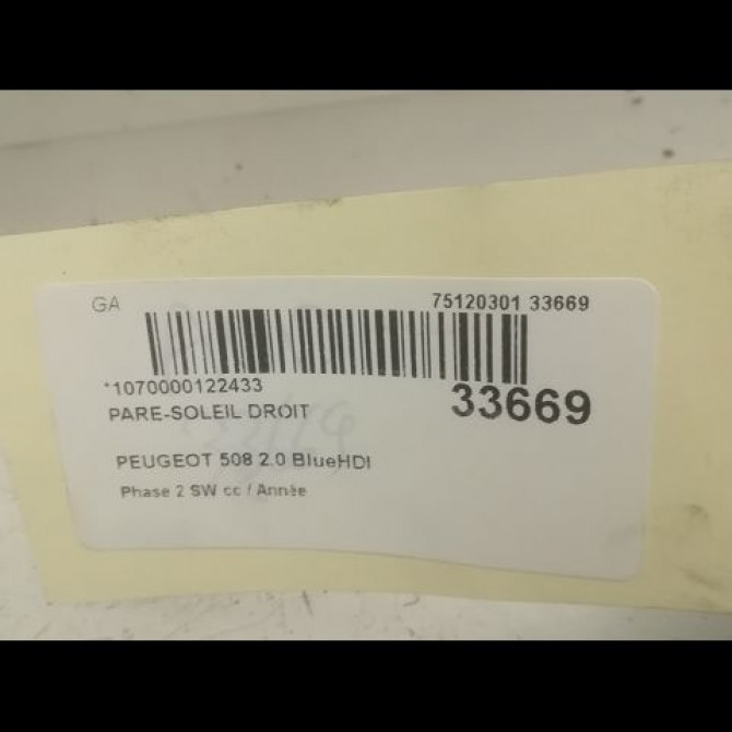 Pare-soleil droit occasion PEUGEOT 508 Phase 2 SW 06-2014->... 2.0 BlueHDI 180ch 16117312PR 3