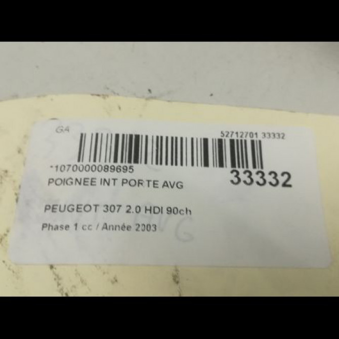 Poignee int porte avg occasion PEUGEOT 307 Phase 1 04-2001->06-2005 2.0 HDI 90ch 9143F4 3