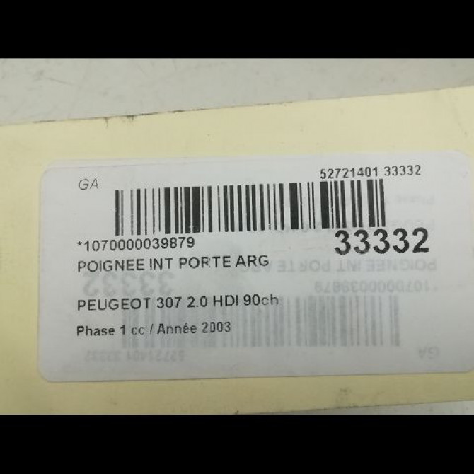Poignee int porte arg occasion PEUGEOT 307 Phase 1 04-2001->06-2005 2.0 HDI 90ch 9143F4 3