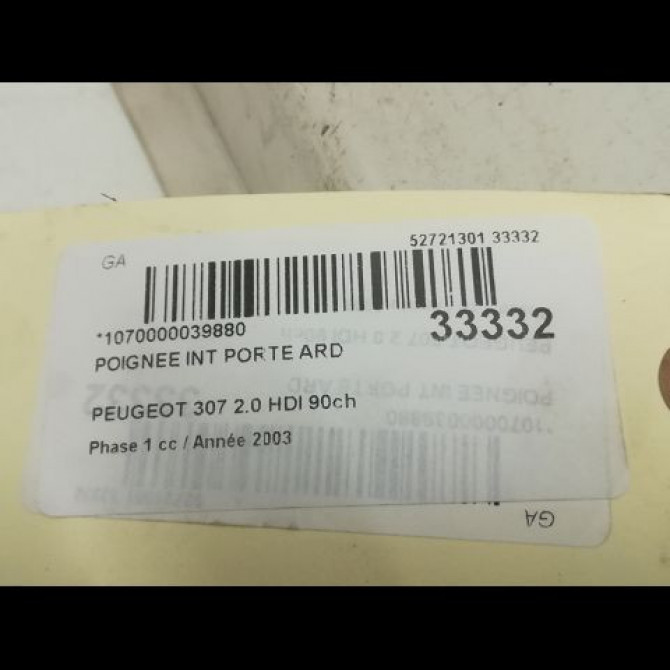 Poignee int porte ard occasion PEUGEOT 307 Phase 1 04-2001->06-2005 2.0 HDI 90ch 9143F5 3