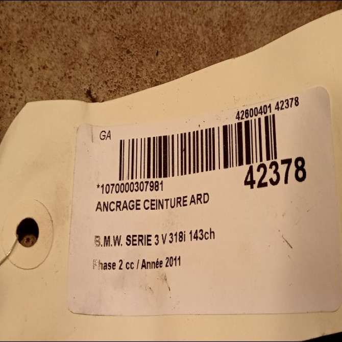 Ancrage ceinture arrière droit occasion B.M.W. SERIE 3 V Phase 2 09-2008->12-2011 318i 143ch 72117245663 2