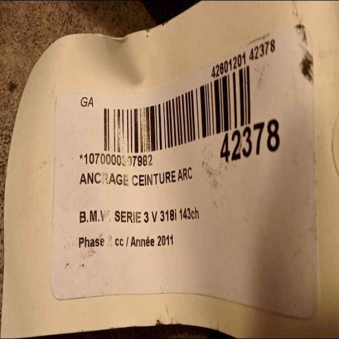 Ancrage ceinture arc occasion B.M.W. SERIE 3 V Phase 2 09-2008->12-2011 318i 143ch 2