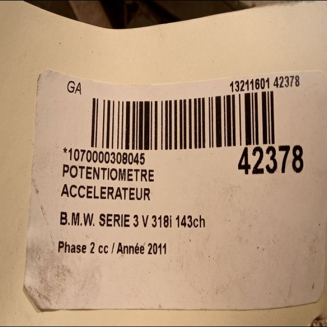 Potentiometre accelerateur occasion B.M.W. SERIE 3 V Phase 2 09-2008->12-2011 318i 143ch 3