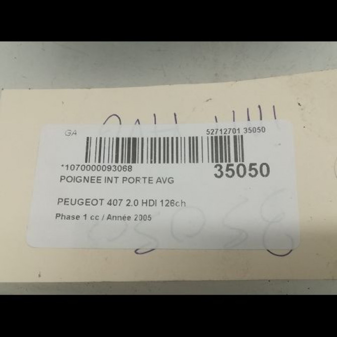 Poignee int porte avg occasion PEUGEOT 407 Phase 1 04-2004->07-2008 2.0 HDI 126ch 9143J9 3