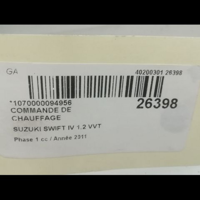 Commande de chauffage occasion SUZUKI SWIFT IV Phase 1 09-2010->... 1.2 VVT 94ch 3951068L00BKZ 4