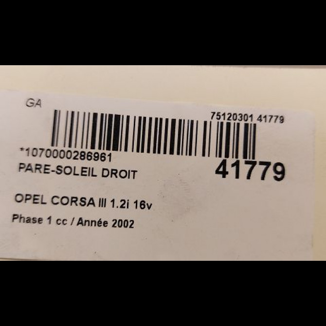Pare-soleil droit occasion OPEL CORSA III Phase 1 10-2000->08-2003 1.2i 16v 24409344 3