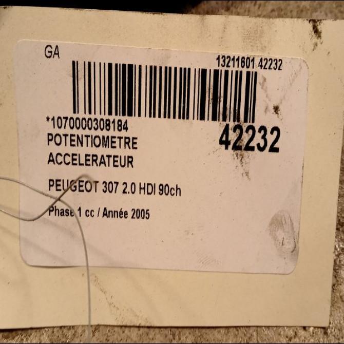 Potentiometre accelerateur occasion PEUGEOT 307 Phase 1 04-2001->06-2005 2.0 HDI 90ch 4