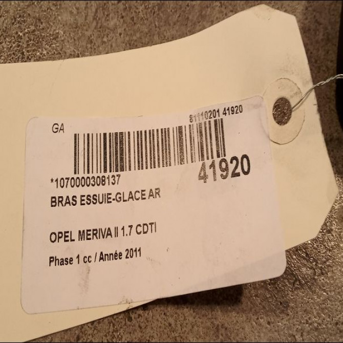 Bras essuie-glace arrière occasion OPEL MERIVA II Phase 1 09-2010->03-2014 1.7 CDTI 110ch 13250445 2