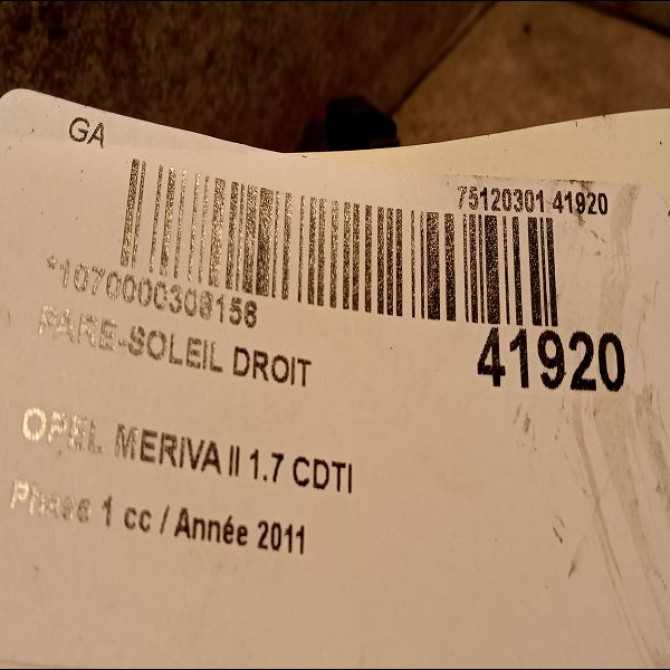 Pare-soleil droit occasion OPEL MERIVA II Phase 1 09-2010->03-2014 1.7 CDTI 110ch 13397787 3