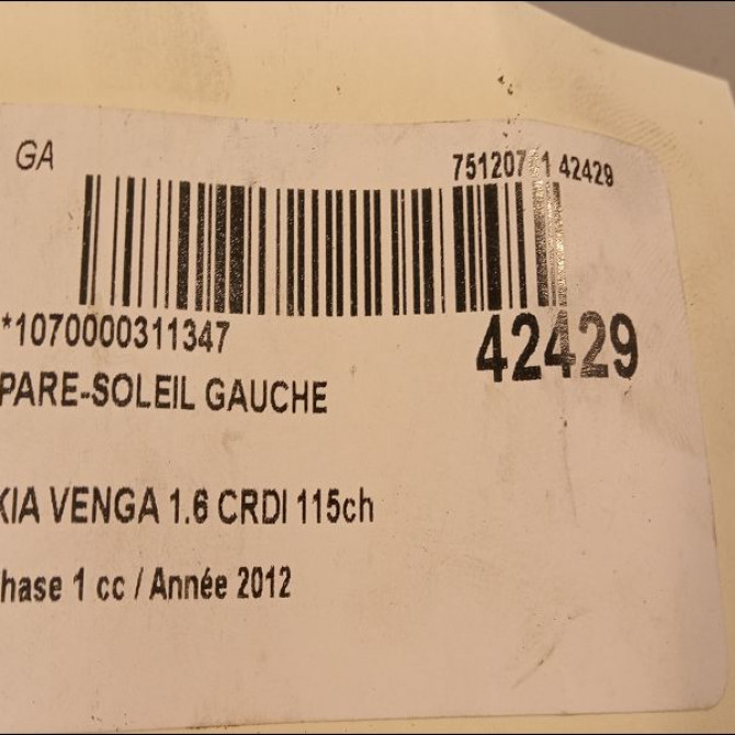 Pare-soleil gauche occasion KIA VENGA Phase 1 04-1995->04-1999 1.6 CRDI 115ch 852101P100ED 3