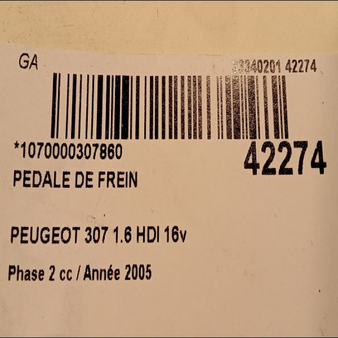 Pedale de frein occasion PEUGEOT 307 Phase 2 06-2005->03-2008 1.6 HDI 16v 110ch 4501N1 2