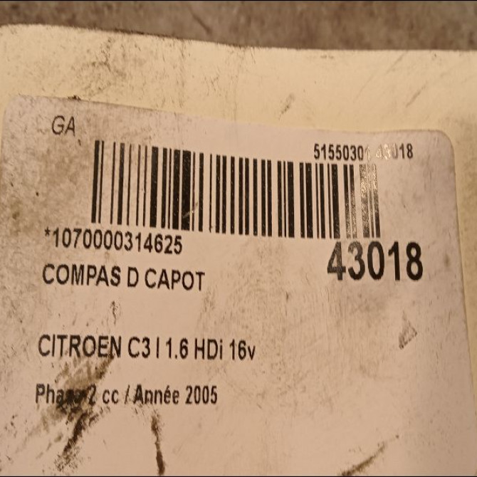Compas d capot occasion CITROEN C3 I Phase 2 10-2005->12-2010 1.6 HDi 16v 92ch 791268 2