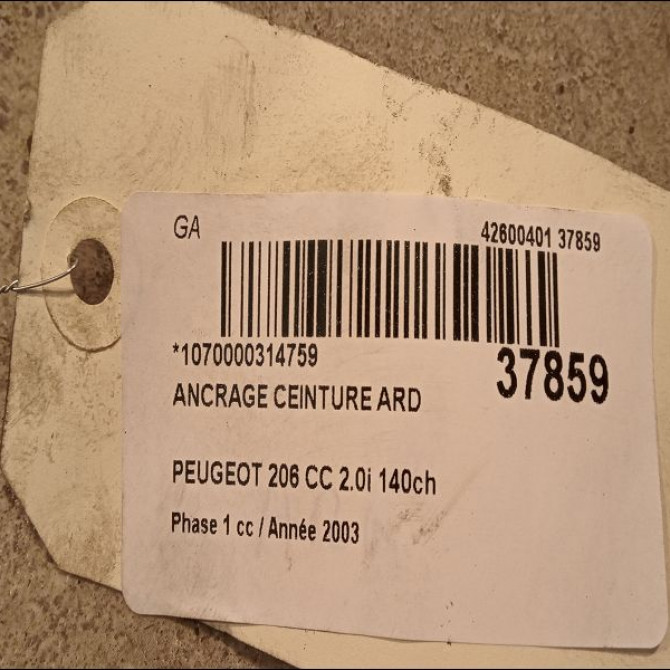 Ancrage ceinture arrière droit occasion PEUGEOT 206 CC Phase 1 10-2000->03-2007 2.0i 140ch 2