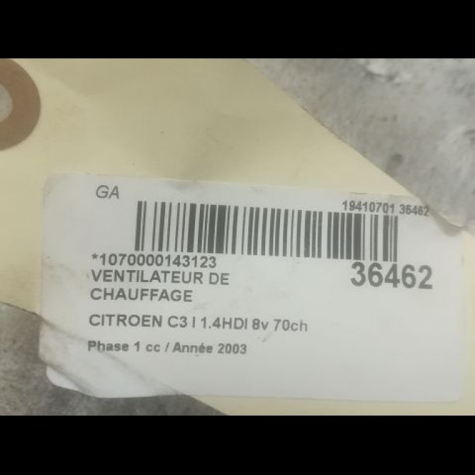 Ventilateur de chauffage occasion CITROEN C3 I Phase 1 04-2002->10-2005 1.4HDI 8v 70ch 6441Q5 2