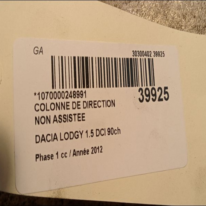 Colonne de direction non assistee occasion DACIA LODGY Phase 1 01-2012->... 1.5 DCI 90ch 488109342R 2