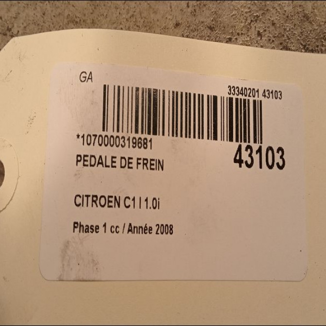 Pedale de frein occasion CITROEN C1 I Phase 1 06-2005->11-2008 1.0i 4501V8 2