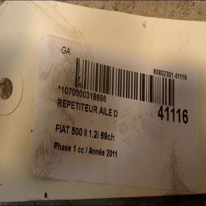Répétiteur aile droite occasion FIAT 500 II 500 II Phase 1 2007-07-01->2016-03-31 1.2i 69ch 51825157 2