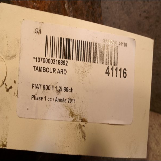 Tambour arrière droit occasion FIAT 500 II 500 II Phase 1 2007-07-01->2016-03-31 1.2i 69ch 51863509 2