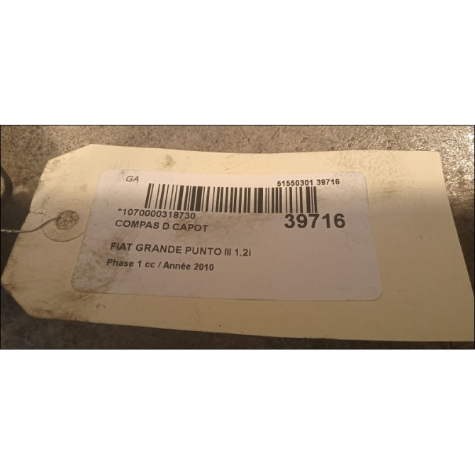 Compas d capot occasion FIAT GRANDE PUNTO III Phase 1 09-2005->12-2013 1.2i 65ch 51761348 2