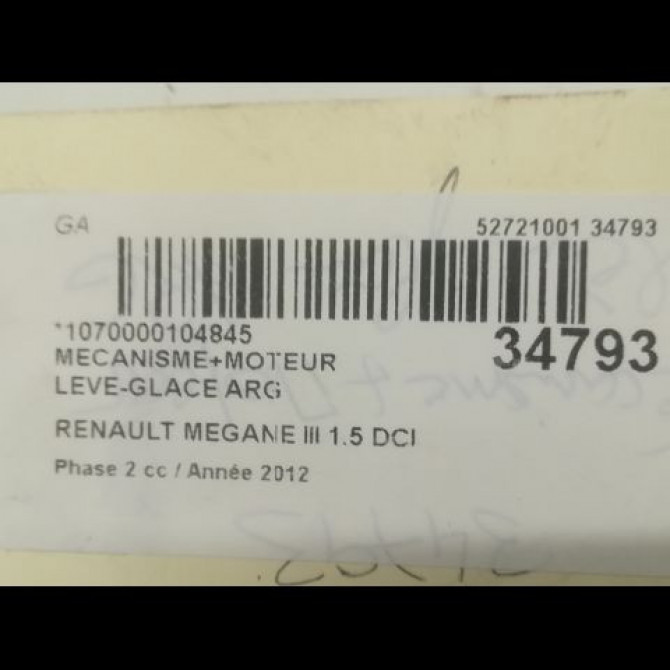 Mecanisme+moteur leve-glace arg occasion RENAULT MEGANE III Phase 2 01-2012->06-2014 1.5 DCI 110ch 827210003R 4