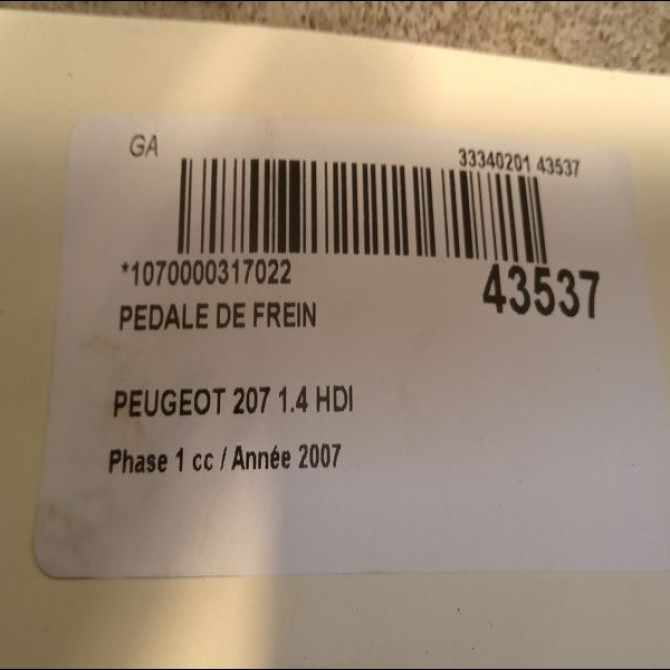 Pedale de frein occasion PEUGEOT 207 Phase 1 04-2006->06-2013 1.4 HDI 4501AR 2