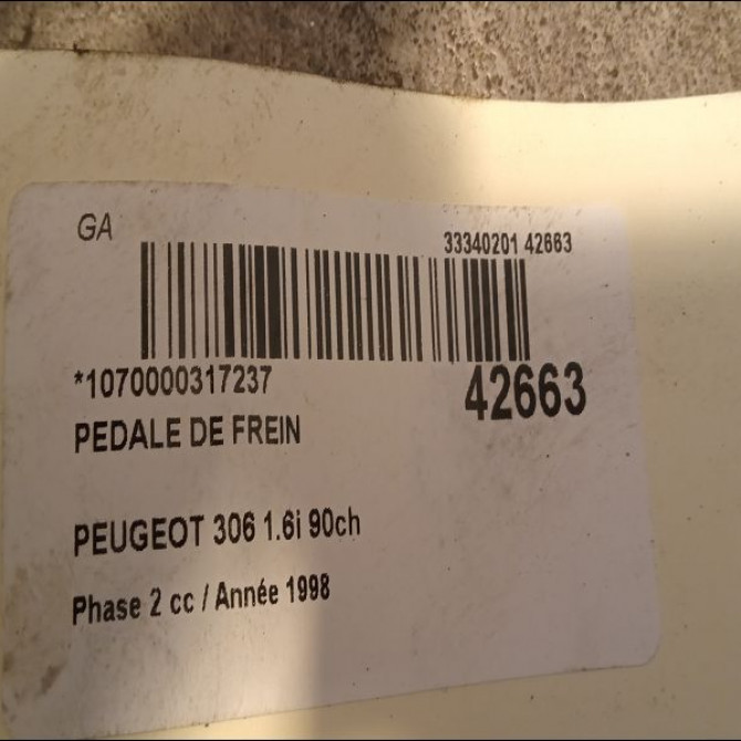 Pedale de frein occasion PEUGEOT 306 Phase 2 04-1997->03-2002 1.6i 90ch 4501C5 2