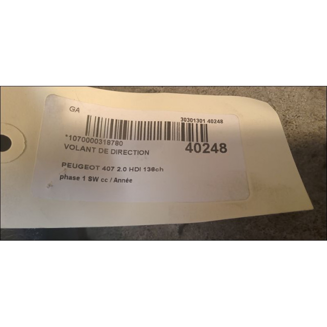 Volant de direction occasion PEUGEOT 407 phase 1 SW 07-2004->07-2008 2.0 HDI 136ch 4109HT 2