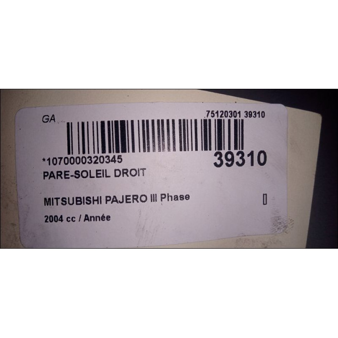 Pare-soleil droit occasion MITSUBISHI PAJERO III Phase 2 02-2003->12-2006 MN123978HA 3